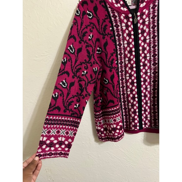 Appleseed's Petite Women Cardigan PL Magenta Paisley Fair Isle Zip Up Sweater - Picture 4 of 10